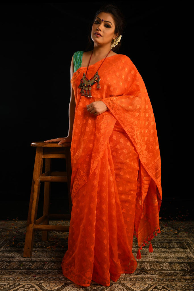 Orange Green Dhakai Jamdani Saree – Howrah Stores Online